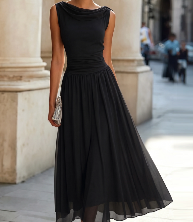 Women's Maxi Dress with a Draped Neckline and Pleated Skirt