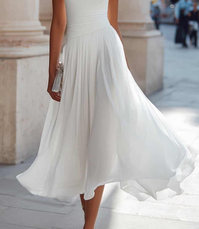 Women's Maxi Dress with a Draped Neckline and Pleated Skirt