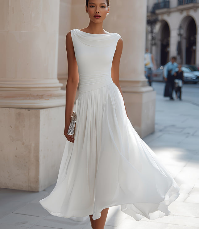 Women's Maxi Dress with a Draped Neckline and Pleated Skirt