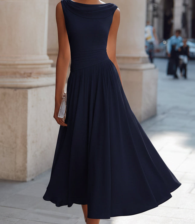 Women's Maxi Dress with a Draped Neckline and Pleated Skirt