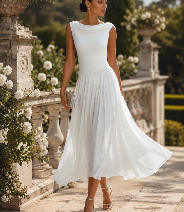 Women's Maxi Dress with a Draped Neckline and Pleated Skirt