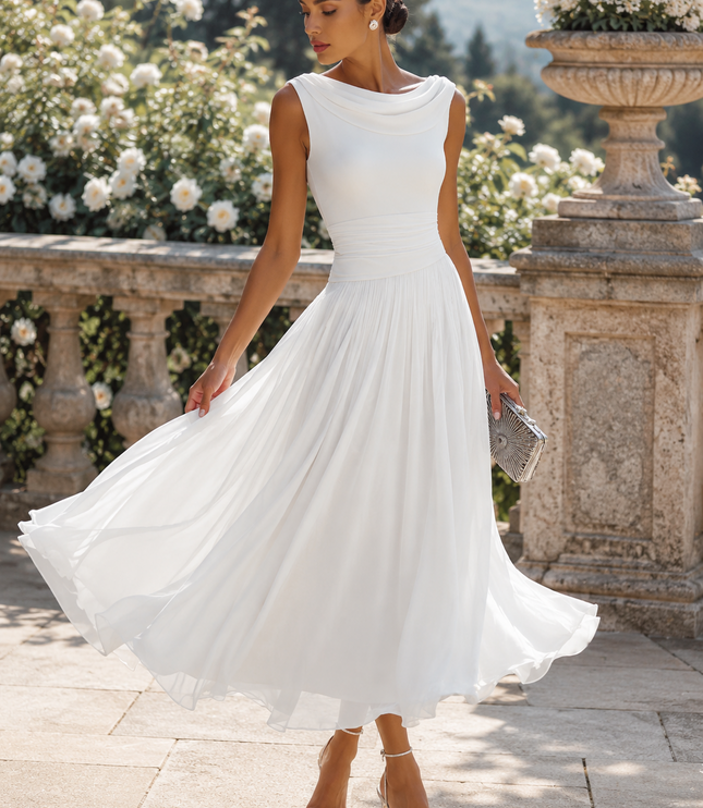 Women's Maxi Dress with a Draped Neckline and Pleated Skirt