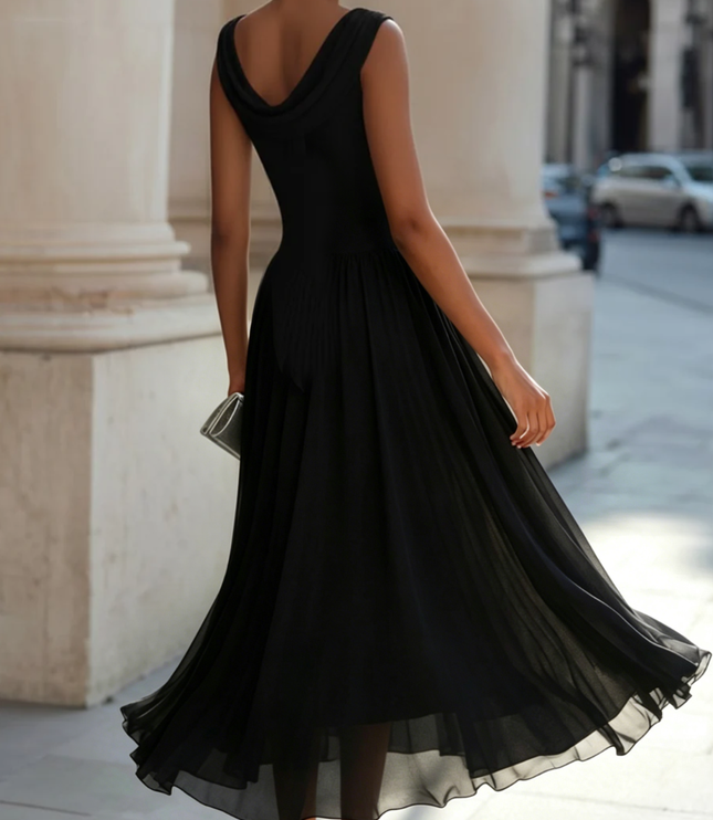 Women's Maxi Dress with a Draped Neckline and Pleated Skirt