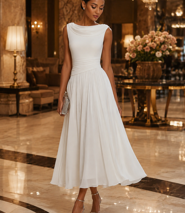 Women's Maxi Dress with a Draped Neckline and Pleated Skirt