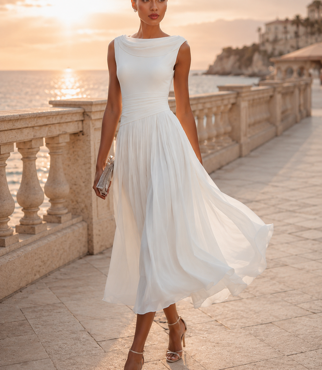 Women's Maxi Dress with a Draped Neckline and Pleated Skirt