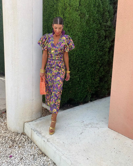 Women's Midi Dress in Bold Floral Print with Puff Sleeves