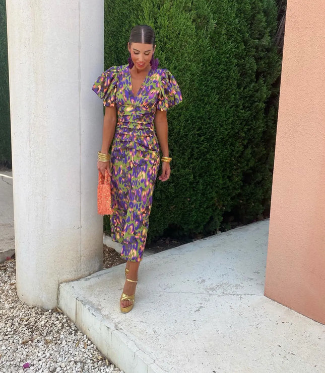 Women's Midi Dress in Bold Floral Print with Puff Sleeves