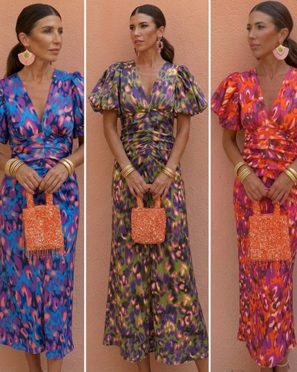 Women's Midi Dress in Bold Floral Print with Puff Sleeves