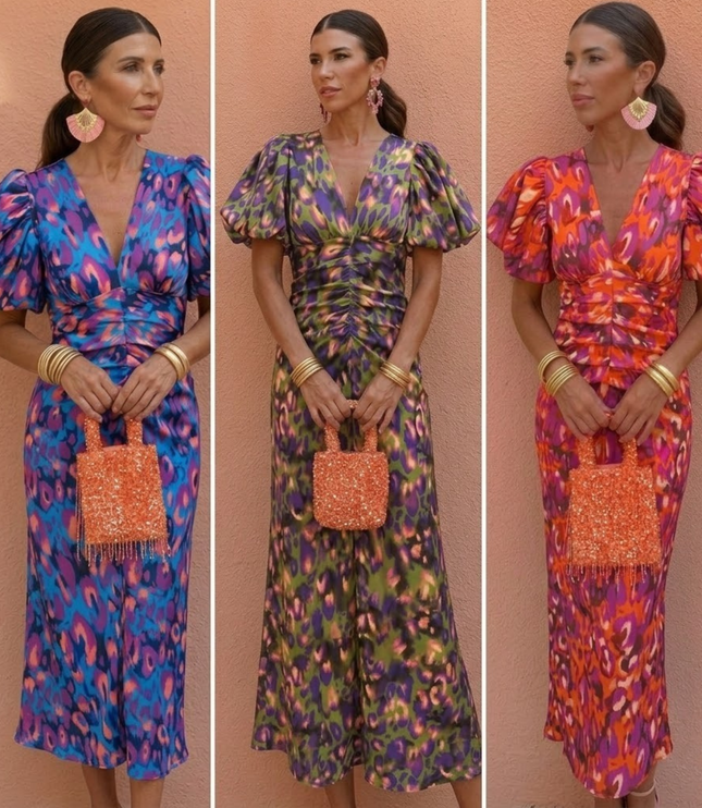 Women's Midi Dress in Bold Floral Print with Puff Sleeves