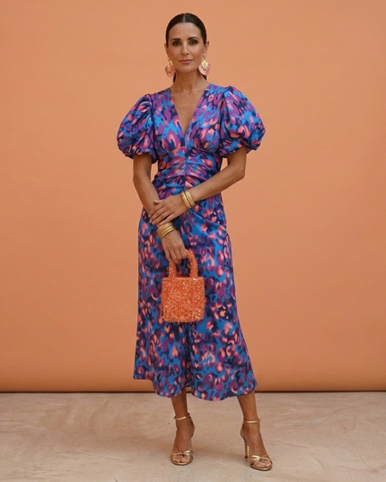 Women's Midi Dress in Bold Floral Print with Puff Sleeves