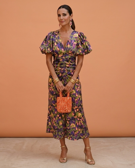 Women's Midi Dress in Bold Floral Print with Puff Sleeves