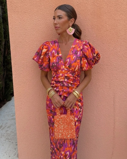 Women's Midi Dress in Bold Floral Print with Puff Sleeves