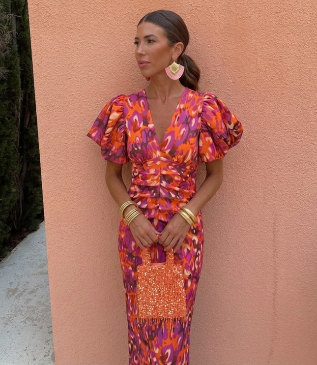 Women's Midi Dress in Bold Floral Print with Puff Sleeves