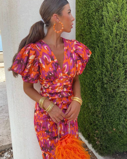 Women's Midi Dress in Bold Floral Print with Puff Sleeves