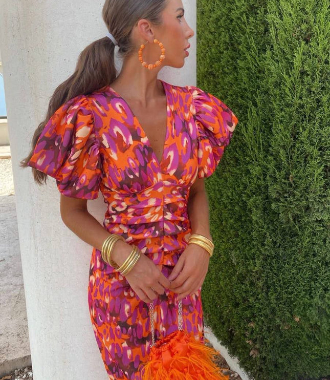 Women's Midi Dress in Bold Floral Print with Puff Sleeves