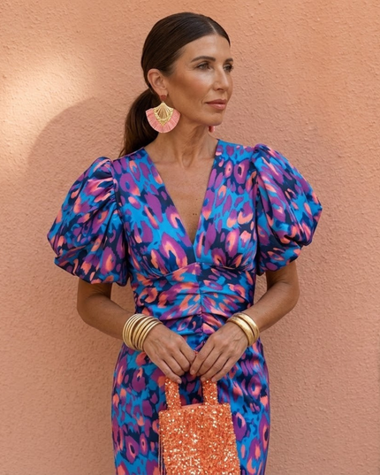 Women's Midi Dress in Bold Floral Print with Puff Sleeves