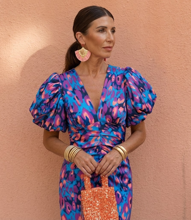 Women's Midi Dress in Bold Floral Print with Puff Sleeves