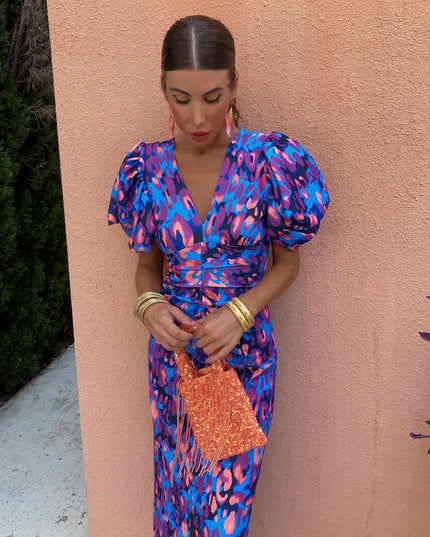 Women's Midi Dress in Bold Floral Print with Puff Sleeves