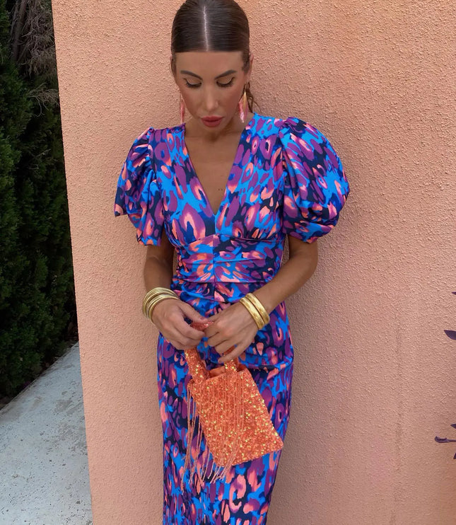Women's Midi Dress in Bold Floral Print with Puff Sleeves