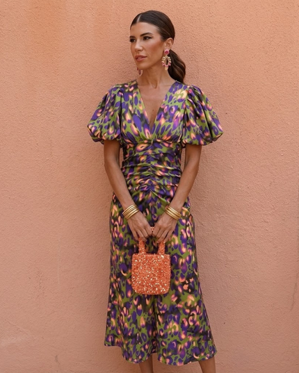 Women's Midi Dress in Bold Floral Print with Puff Sleeves