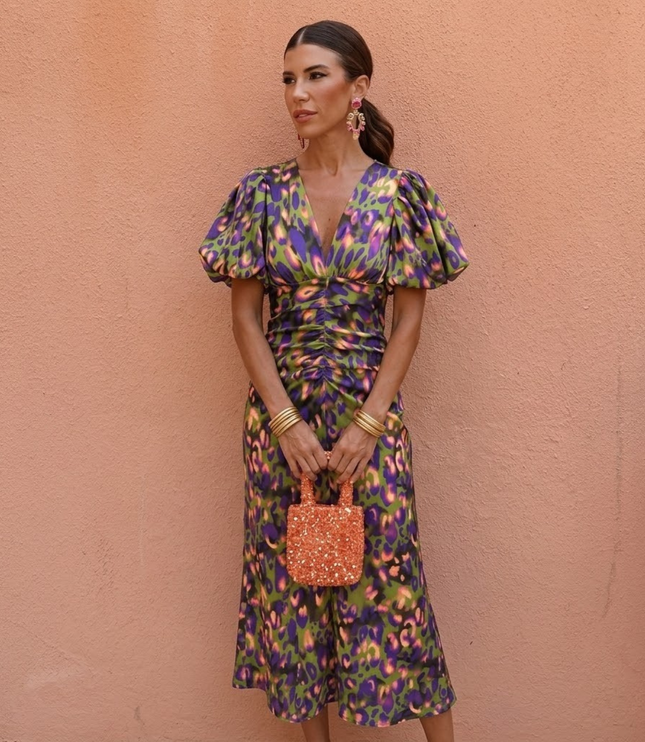 Women's Midi Dress in Bold Floral Print with Puff Sleeves