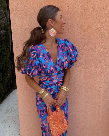 Women's Midi Dress in Bold Floral Print with Puff Sleeves