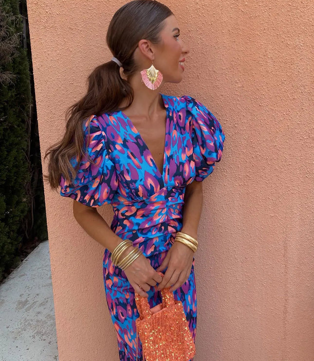 Women's Midi Dress in Bold Floral Print with Puff Sleeves