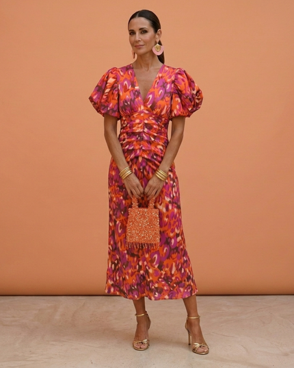 Women's Midi Dress in Bold Floral Print with Puff Sleeves