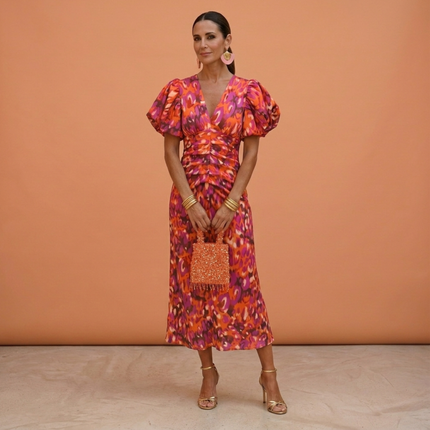 Women's Midi Dress in Bold Floral Print with Puff Sleeves