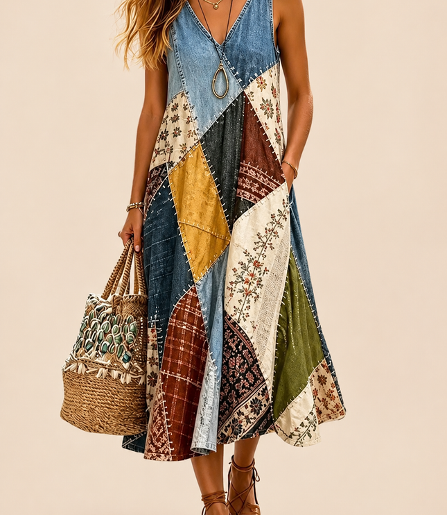 Women's Midi Dress in Multicolor Patchwork Print with a Side Slit