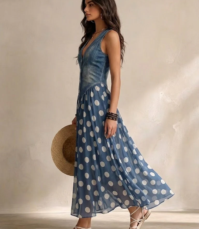 Women's Midi Dress in Polka Dot Print with a Denim Bodice