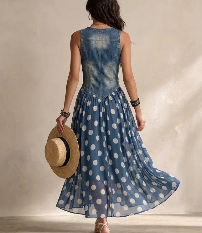Women's Midi Dress in Polka Dot Print with a Denim Bodice
