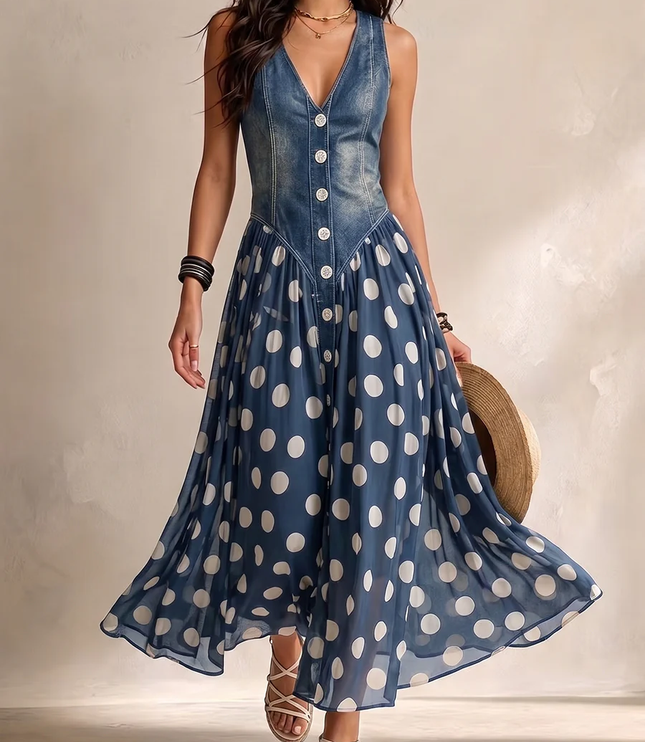 Women's Midi Dress in Polka Dot Print with a Denim Bodice
