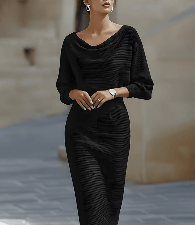 Women's Midi Dress with a Cowl Neck and Batwing Sleeves
