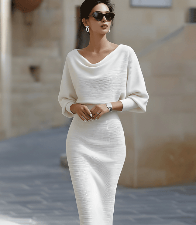 Women's Midi Dress with a Cowl Neck and Batwing Sleeves