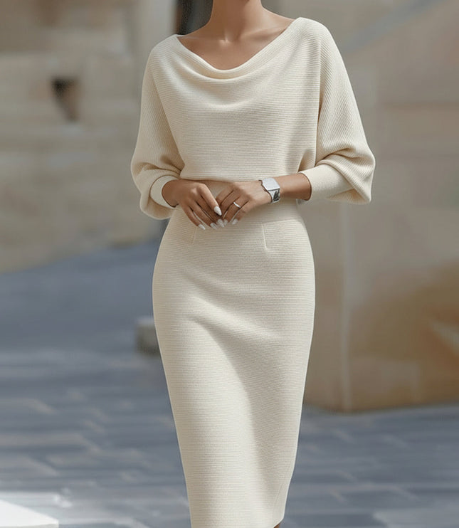 Women's Midi Dress with a Cowl Neck and Batwing Sleeves