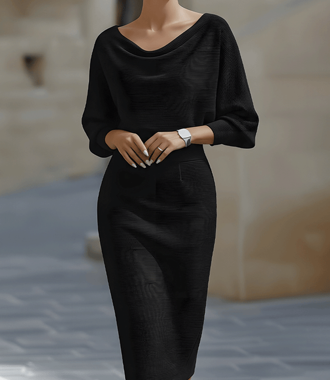 Women's Midi Dress with a Cowl Neck and Batwing Sleeves