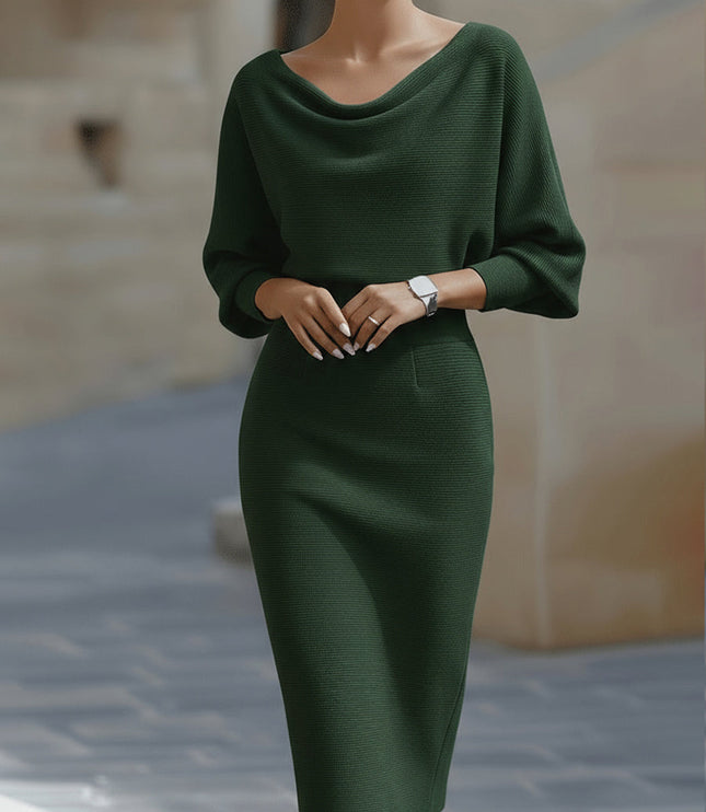 Women's Midi Dress with a Cowl Neck and Batwing Sleeves