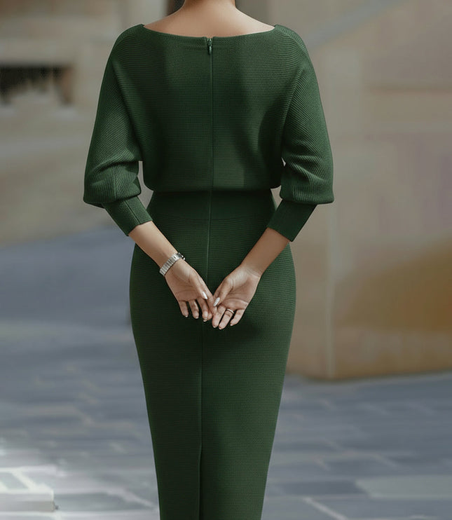 Women's Midi Dress with a Cowl Neck and Batwing Sleeves