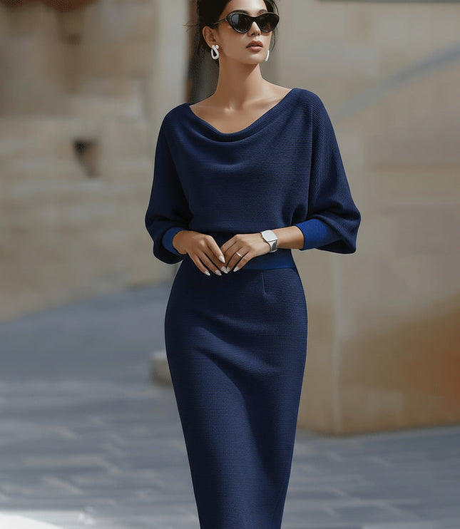 Women's Midi Dress with a Cowl Neck and Batwing Sleeves
