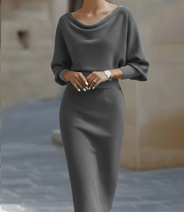 Women's Midi Dress with a Cowl Neck and Batwing Sleeves