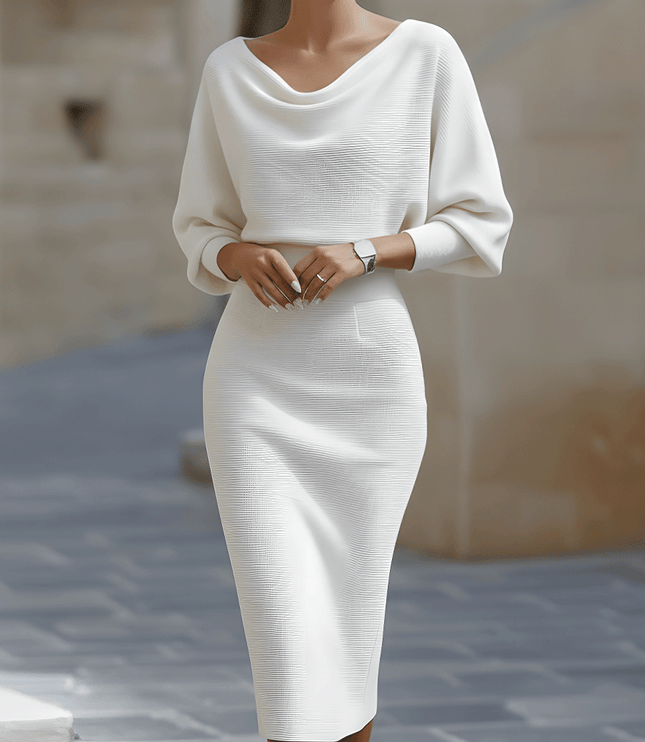 Women's Midi Dress with a Cowl Neck and Batwing Sleeves