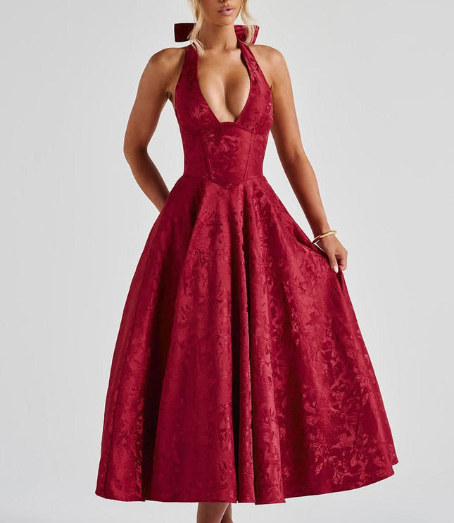 Women's Midi Dress with a Halter Neck and Full Skirt