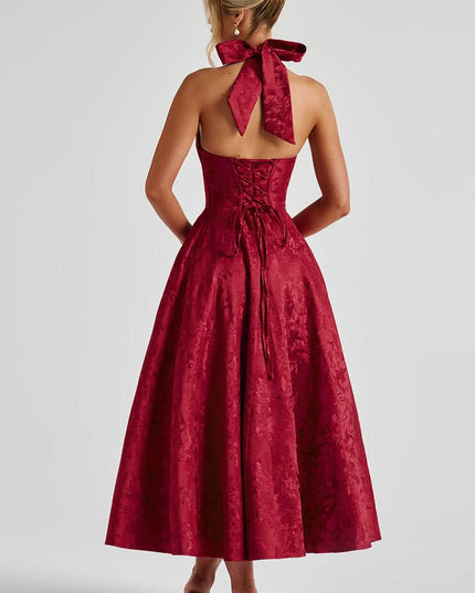 Women's Midi Dress with a Halter Neck and Full Skirt