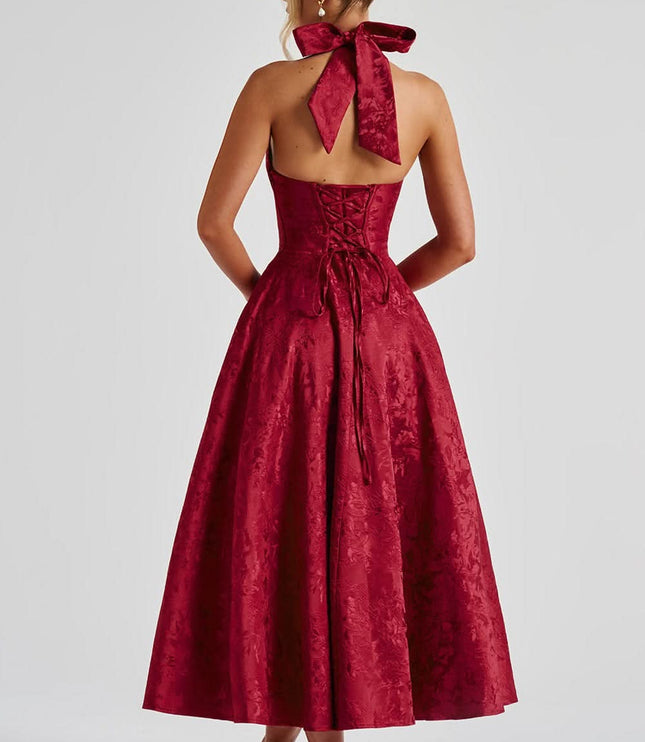 Women's Midi Dress with a Halter Neck and Full Skirt