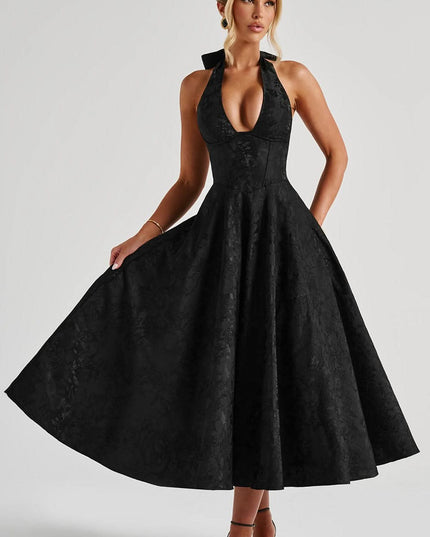 Women's Midi Dress with a Halter Neck and Full Skirt
