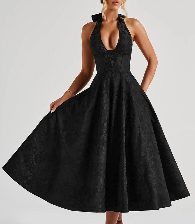 Women's Midi Dress with a Halter Neck and Full Skirt