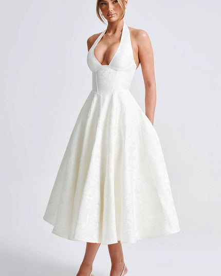 Women's Midi Dress with a Halter Neck and Full Skirt