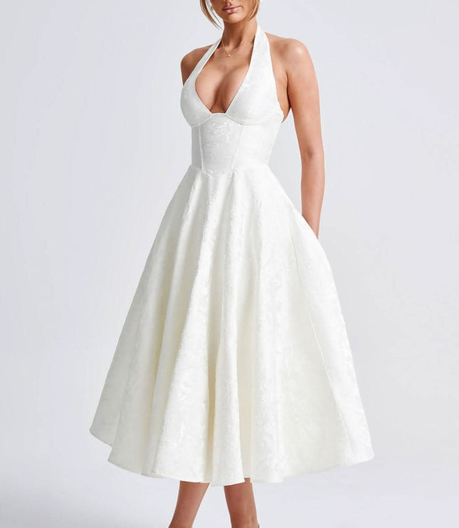 Women's Midi Dress with a Halter Neck and Full Skirt