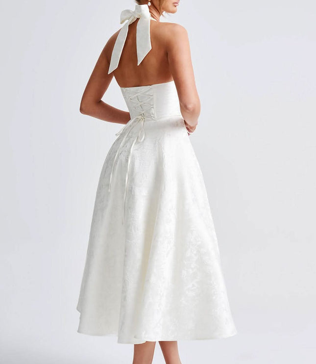 Women's Midi Dress with a Halter Neck and Full Skirt